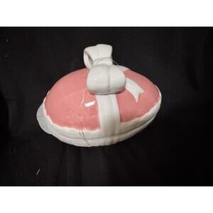 Vtg White Glazed Ceramic (Mold) Egg w/powder blue bow on lid 4"L X 4"H RARE